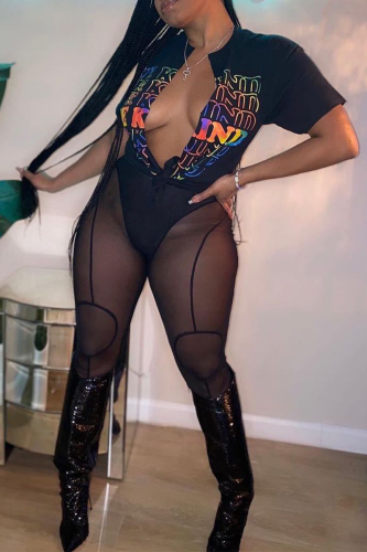Black Sexy Street Party Print Patchwork Mesh O Neck Short Sleeve Two Pieces(Three Pieces)