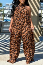 Leopard Print Casual Print Bandage Backless Halter Regular Jumpsuits
