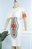 White Casual College Print Patchwork O Neck One Step Skirt Dresses