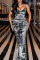 Black Sexy Print Patchwork Spaghetti Strap Long Dress Dresses
