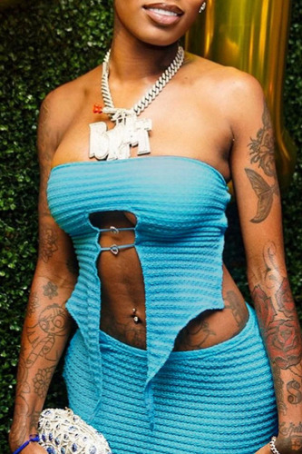 Blue Sexy Solid Patchwork Asymmetrical Strapless Sleeveless Two Pieces