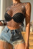 Black Sexy Patchwork See-through O Neck Tops