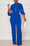 Blue Sexy Solid Patchwork See-through O Neck Jumpsuits