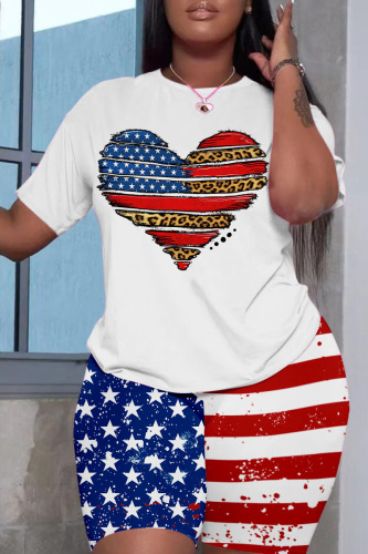 Leopard Print Casual Flag Stars Street Graphic Print Short Sleeve Shorts and T Shirt Set