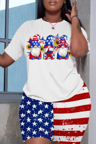 White Casual Flag Stars Street Graphic Print Short Sleeve Shorts and T Shirt Set