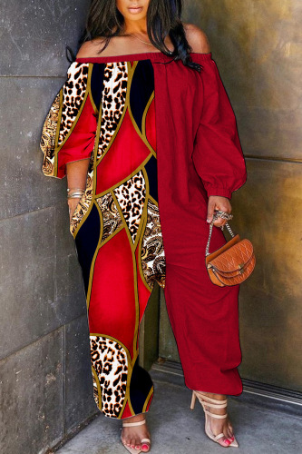 Red Casual Print Patchwork Off the Shoulder Regular Jumpsuits