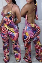 Purple Sexy Casual Print Backless Spaghetti Strap Skinny Jumpsuits