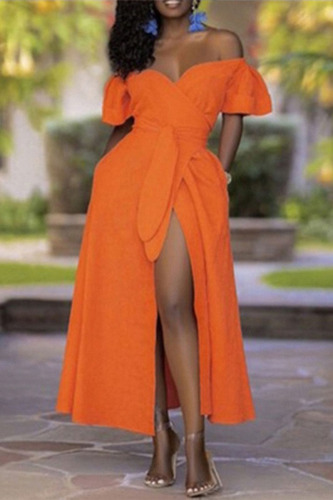 Orange Sexy Casual Sweet Solid Frenulum High Opening Off the Shoulder Irregular Dress Dresses(With Belt)