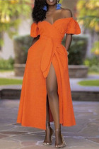 Orange Sexy Casual Sweet Solid Frenulum High Opening Off the Shoulder Irregular Dress Dresses(With Belt)