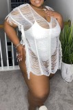 White Sexy Solid Patchwork See-through V Neck Plus Size Tops