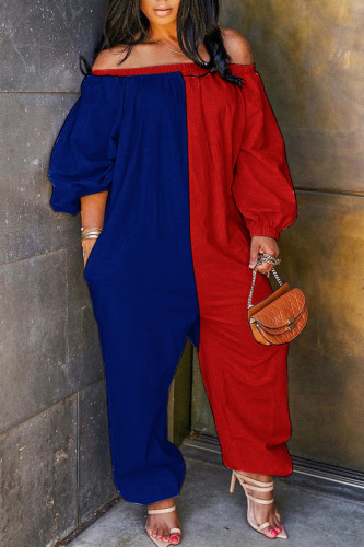Blue Red Casual Print Patchwork Off the Shoulder Regular Jumpsuits