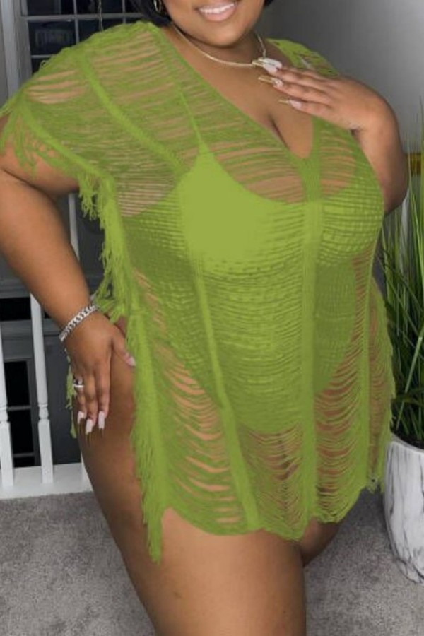 Green Sexy Solid Patchwork See-through V Neck Plus Size Tops