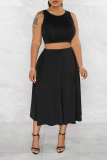 Black Casual Daily Simplicity Basis Solid Color O Neck Sleeveless Two Pieces