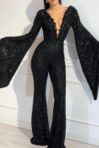 Black Sexy Work Elegant Solid Sequins Mesh V Neck Regular Jumpsuits