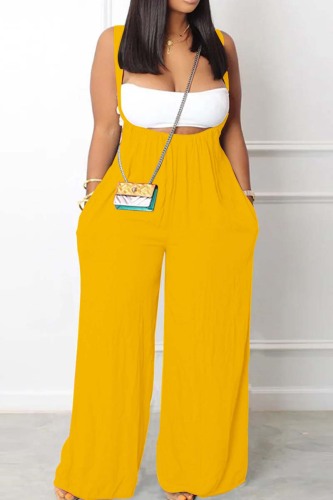 Yellow Sexy Casual Solid Backless Spaghetti Strap Sleeveless Two Pieces