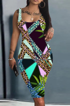 Cyan Casual Print Basic U Neck Vest Dress Dresses