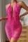 Rose Red Sexy Solid Patchwork See-through Backless Halter Sleeveless Dress Dresses
