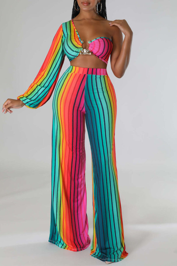 Rainbow Color Rainbow Multicolor Sexy Elegant Striped Asymmetrical Crop Tops Wide Leg Pants Two Piece Sets