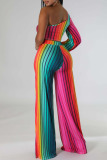 Rainbow Color Rainbow Multicolor Sexy Elegant Striped Asymmetrical Crop Tops Wide Leg Pants Two Piece Sets