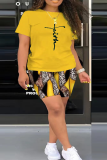 Yellow Street Print Patchwork O Neck Short Sleeve Two Pieces