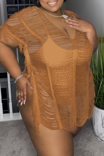 Dark Brown Sexy Solid Patchwork See-through V Neck Plus Size Tops