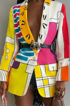 Yellow Casual Work Elegant Print Buttons Turn-back Collar Outerwear(With Belt)