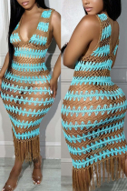 Sky Blue Sexy Patchwork Tassel See-through V Neck Beach Dress Dresses