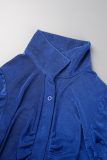 Blue Casual Solid Patchwork Fold Turndown Collar Short Sleeve Dress