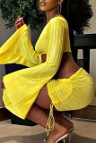 Yellow Sexy Solid Patchwork V Neck Long Sleeve Two Pieces