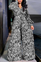 Black Casual Street Elegant Print Frenulum Buttons V Neck Loose Jumpsuits(With Belt)