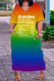 Colour Plus Size Casual Rainbow Multicolor Gredient Short Sleeve V Neck Long T-shirt Dresses