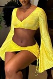Yellow Sexy Solid Patchwork V Neck Long Sleeve Two Pieces