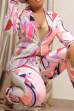 Pink Casual Work Elegant Print Patchwork Buttons Turn-back Collar Long Sleeve Two Pieces