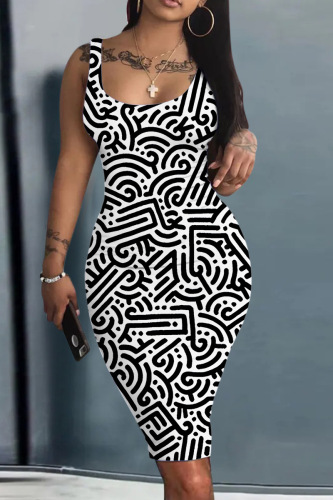 White Casual Print Basic U Neck Vest Dress Dresses