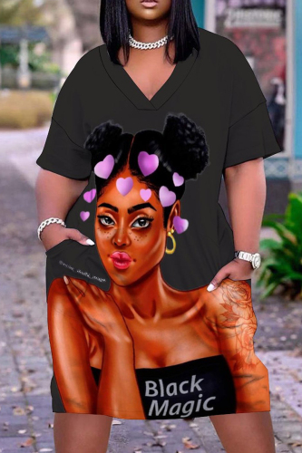 Black Brown Casual Print Basic V Neck Short Sleeve Dress