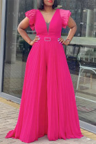 Rose Red Casual Work Elegant Solid Fold Mesh V Neck Regular Jumpsuits(With Belt)