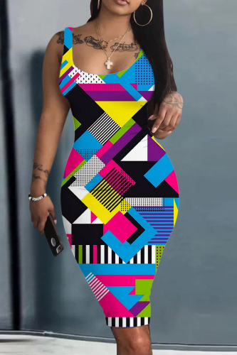 Blue Casual Print Basic U Neck Vest Dress Dresses