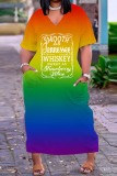 Tangerine Red Plus Size Casual Rainbow Multicolor Gredient Short Sleeve V Neck Long T-shirt Dresses