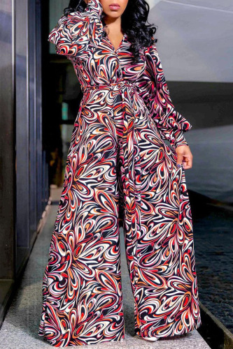 Red Casual Street Elegant Print Frenulum Buttons V Neck Loose Jumpsuits(With Belt)