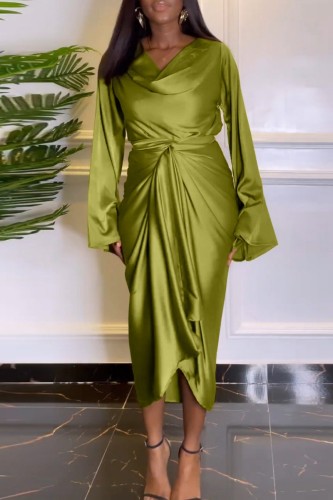 Green Casual Solid Basic V Neck Long Sleeve Two Pieces