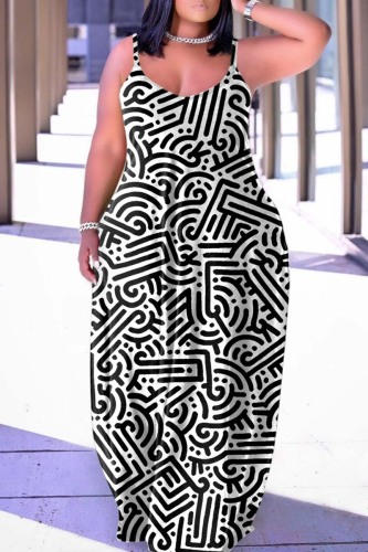 Black White Sexy Casual Print Backless Spaghetti Strap Long Dress Dresses