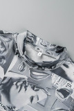 Grey Casual Print Basic O Neck Short Sleeve Dress Dresses