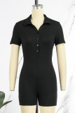 Black Casual Solid Patchwork Buttons Turndown Collar Skinny Rompers