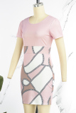 Pink Casual Print Patchwork O Neck Short Sleeve Dress
