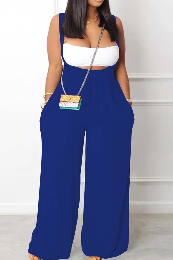 Dark Blue Sexy Casual Solid Backless Spaghetti Strap Sleeveless Two Pieces