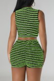Green Sexy Casual Striped Patchwork Zipper Collar Sleeveless Two Pieces