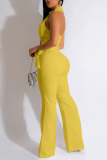 Yellow Casual Solid Patchwork Backless Turndown Collar Skinny Jumpsuits