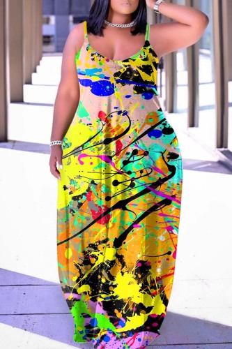 Yellow Sexy Casual Print Backless Spaghetti Strap Long Dress Dresses