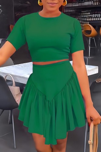 Green Casual Solid Basic O Neck Short Sleeve Two Pieces