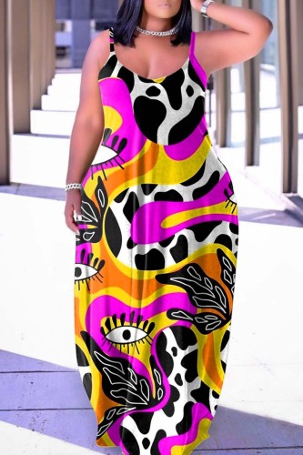 Purple Yellow Sexy Casual Print Backless Spaghetti Strap Long Dress Dresses
